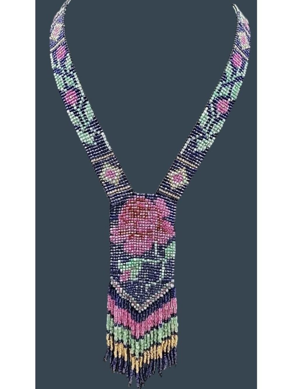 Vintage Ukrainian Folk Art Seed Bead Necklace Tassel Floral Handmade Woven 28"